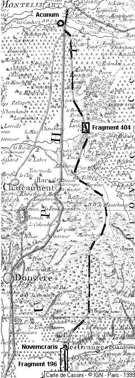 Fig. 16 : Le tracé de la voie d'Agrippa sur la carte de Cassini