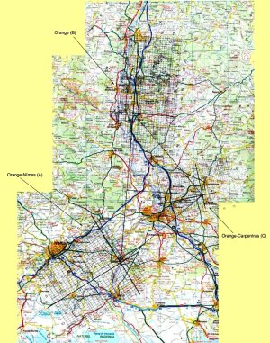 Carte 11 : les 3 cadastres d'Orange et leur positionnement relatif