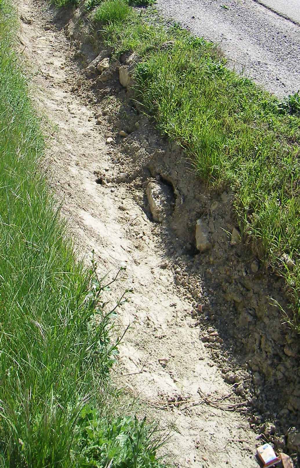 Fig. 30. Coupe de la voie aux Pesquiès. Gros blocs en calcaire et tegulae associées.