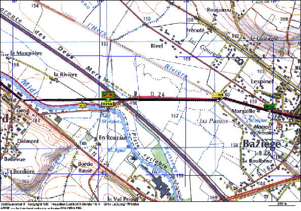 Fig.17. La traversée de la vallée de l'Hers. (VR vestiges relevés sur le tracé).<