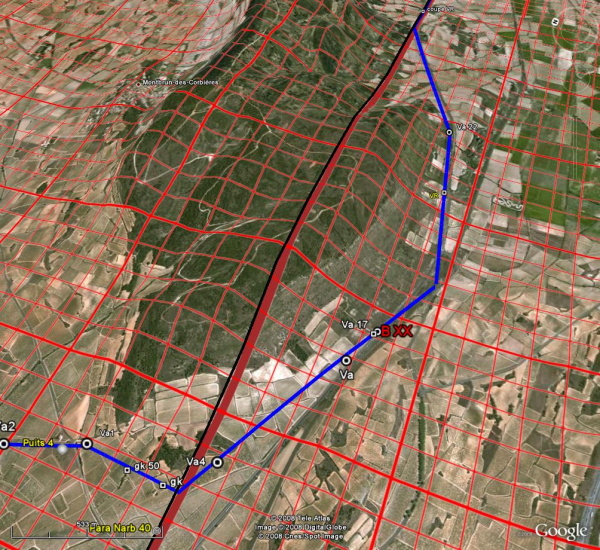 Fig. 14. Le	franchissement du col de Moux (en noir le parallèle de Narbonne).