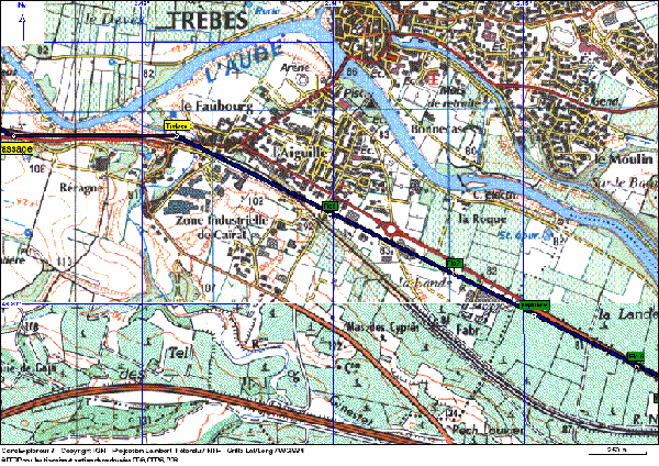 Fig. 4. Tracé de la voie romaine à Trèbes (noter les relevés au GPS)