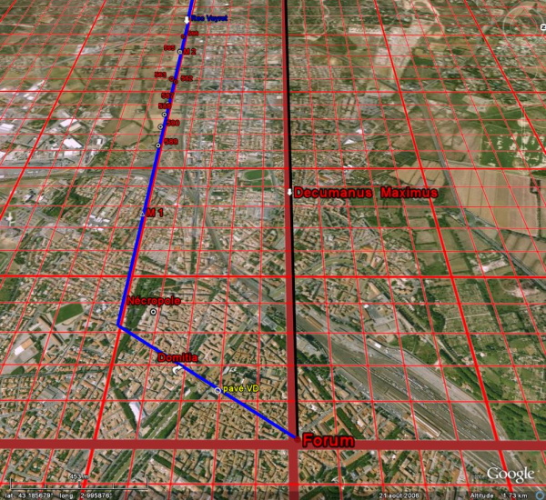 Fig. 41. Le <I>decumanus</I> <I>maximus</I> de Narbonne et la voie d’Aquitaine (image GE).