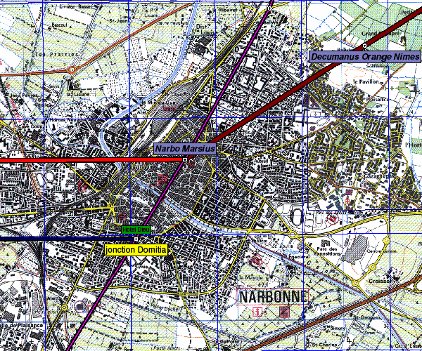 Fig. 32. Narbonne : ses deux <I>decumani</I> et les voies <I>Domitia </I>et <I>Aquitania</I>.