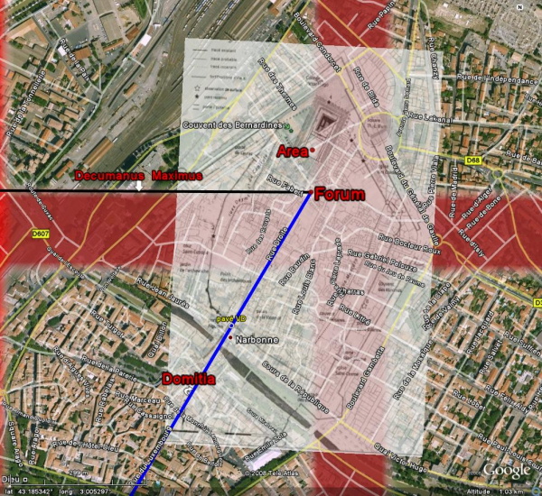 Fig. 30. Le forum de Narbonne (D.A.O. Dellong). L’<I>Area</I>, le comput, le	<I>decumanus maximus</I> et la voie romaine sur la vue GE.