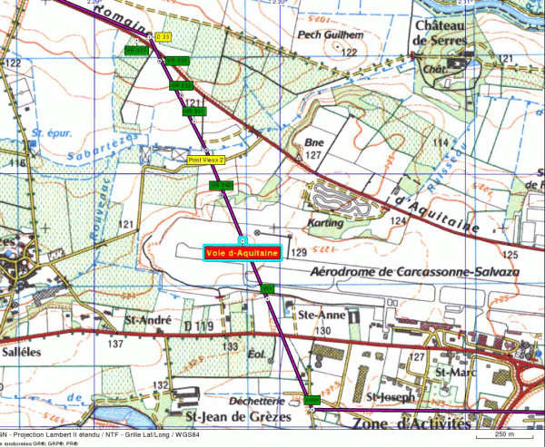 Fig.1. La voie d’Aquitaine à Salvaza Elle est distincte de la “route de Bram” (carte 1/25 000<SUP>e</SUP>)