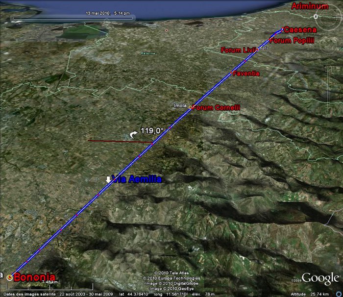 Figure 1. La Via Aemilia levante. La voie rectiligne est orientée dans le cadastre selon un ratio mundi de 5/9.