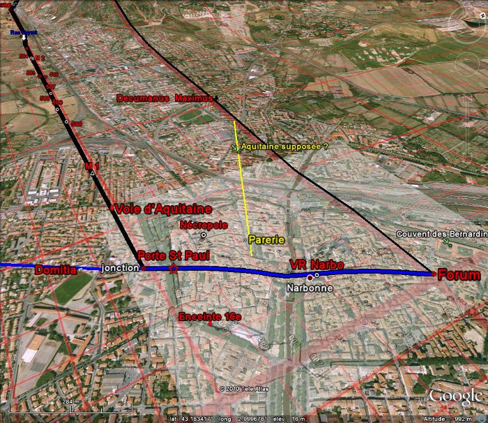 Fig. 14.  L’entrée de la voie romaine dans Narbonne. La voie suit le 1er décumanus et se raccorde à la via Domitia près de la porte St Paul