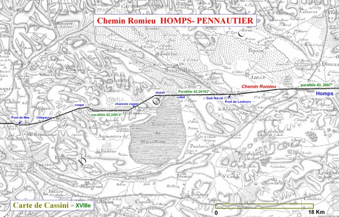 Fig.18. Le chemin romieu sur la carte de Cassini.Il prend une succession de lignes décumanes toutes orientées plein ouest, entrecoupées  de sections obliques afin d’éviter les obstacles naturels.